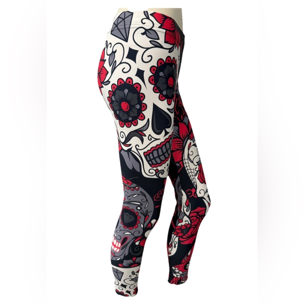 GearBunch Sugar Skull Leggings Red Black White Floral Pattern Size L USA
